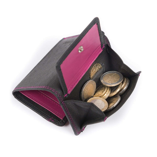 Bild: Kleine Geldbörse in Schwarz Pink mit Münzfach voller Münzgeld