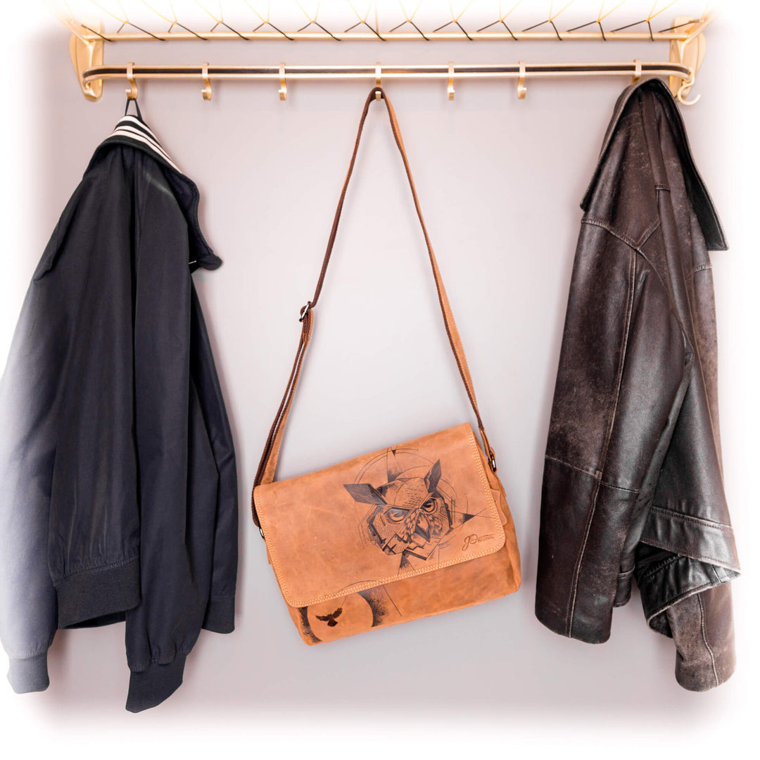 Bild: Umhängetasche Leder Braun A4 Motiv Eule an der Garderobe