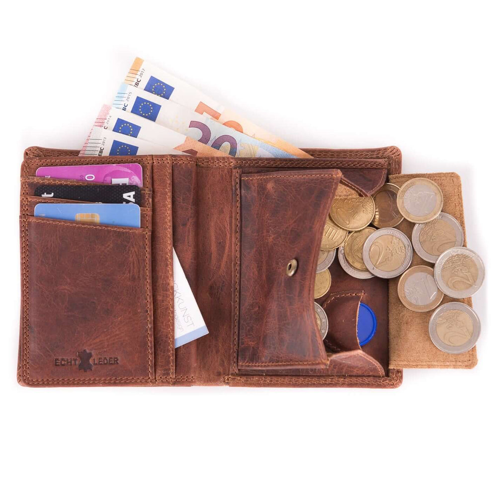 Bild: Geldbörse Retro hoch slim mit Münzen, Karten und Scheinen