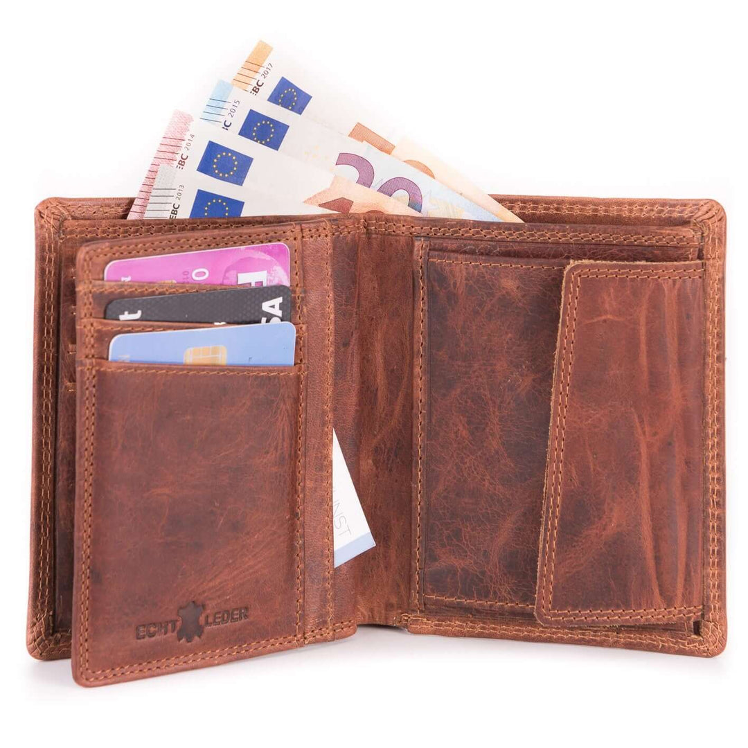 Bild: Geldbörse Retro hoch slim aufgeklappt und gefüllt mit Geld